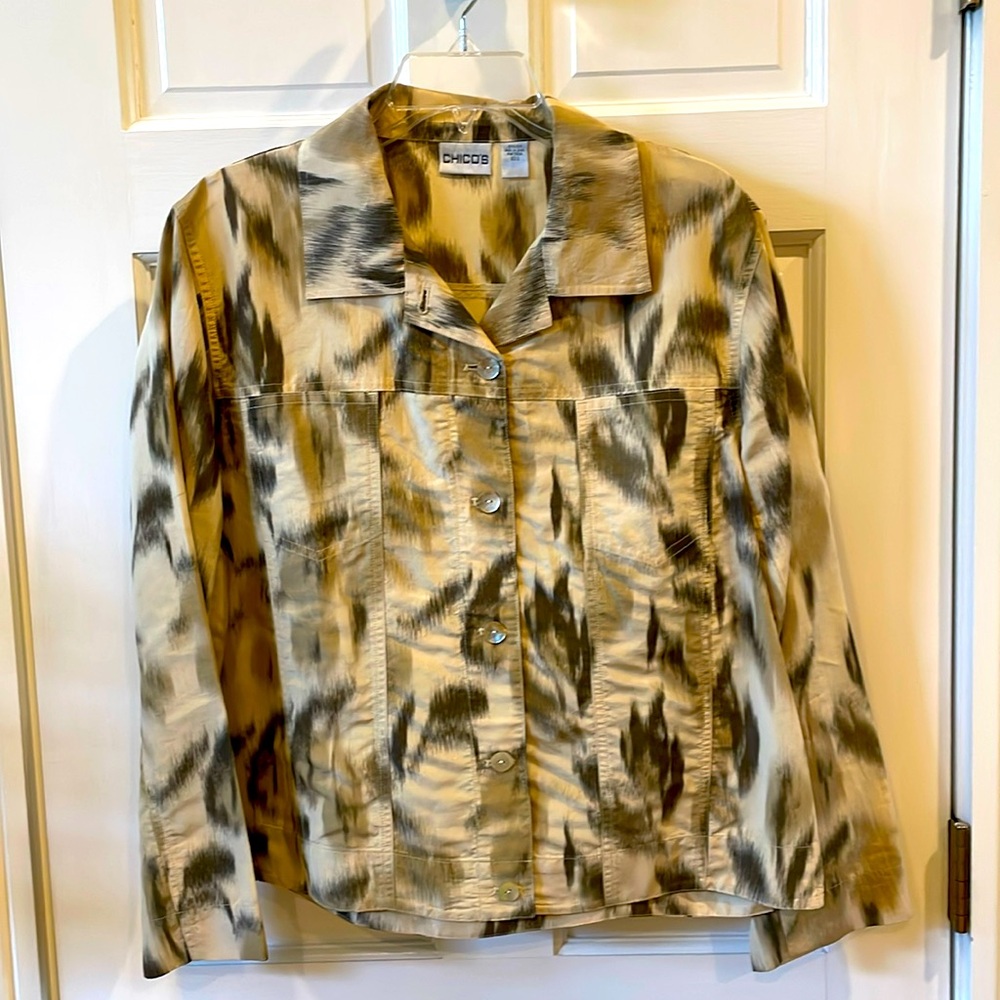 Chico’s size 2, same as 10/12, br/tan animal print denim style 100% silk jacket